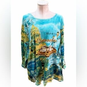 Women’s Turquoise French Scenic Print 3/4 Sleeve Top
